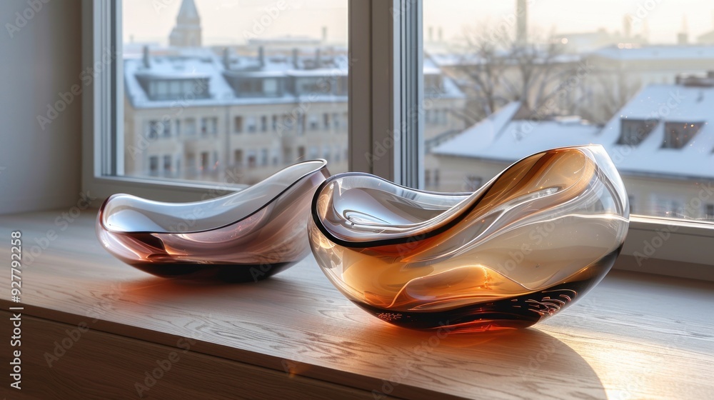 Glass Bowls on Window Sill with City View