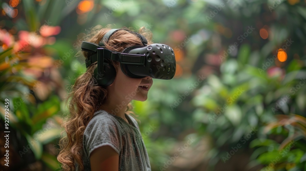 Young Girl Exploring Virtual Reality in Lush Greenery
