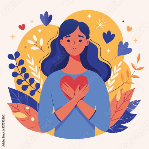 young woman with heart and flowers