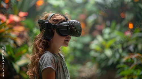 Obraz na płótnie Young Girl Exploring Virtual Reality in Lush Greenery w salonie