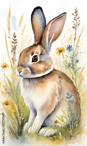 Easter pastel bunny in watercolor painting, spring water art colours. AI illustration