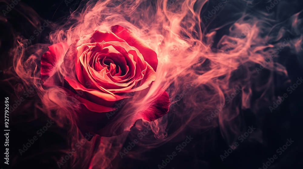 A single red rose, surrounded by smoke on a dark background. A single red rose, surrounded by smoke on a dark background.