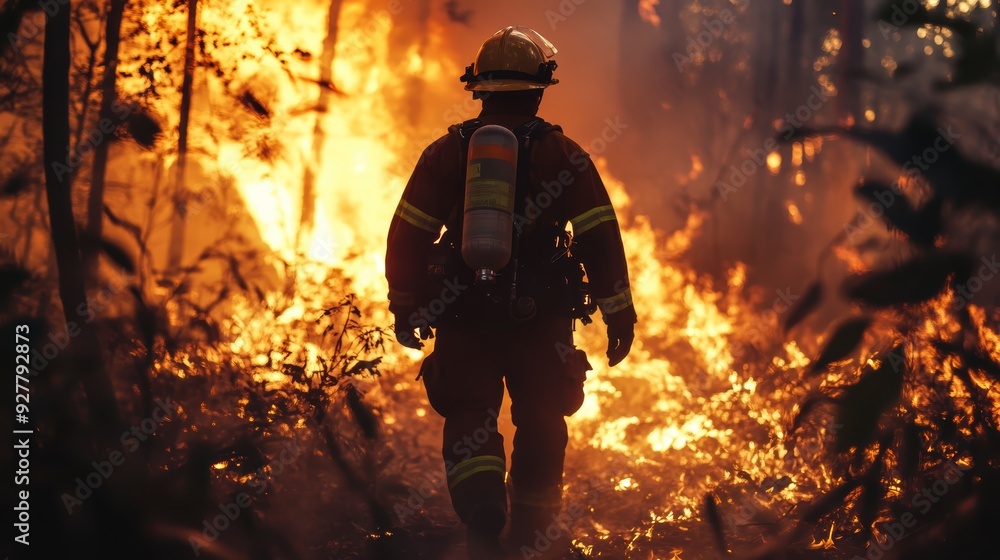 A firefighter fighting a natural disaster. The concept of fighting a forest fire. A firefighter fighting a natural disaster. The concept of fighting a forest fire.