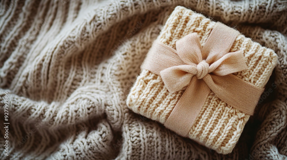 Cozy Knitted Gift Box with Ribbon on Soft Lit Surface - Stylish Present Concept with Copy Space for Text Cozy Knitted Gift Box with Ribbon on Soft Lit Surface - Stylish Present Concept with Copy Space for Text