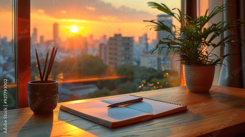 Sunset view from a window with a notebook and pencils