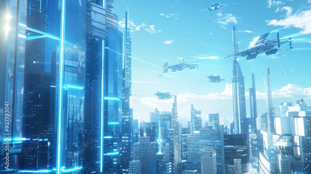 Obraz premium Futuristic Cityscape with Flying Vehicles