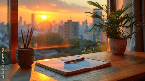 Obraz na płótnie Sunset view from a window with a notebook and pencils w salonie