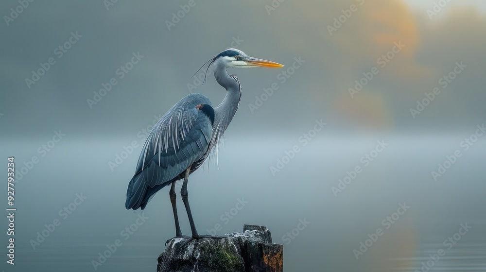 Heron Perched on a Log in the Mist
