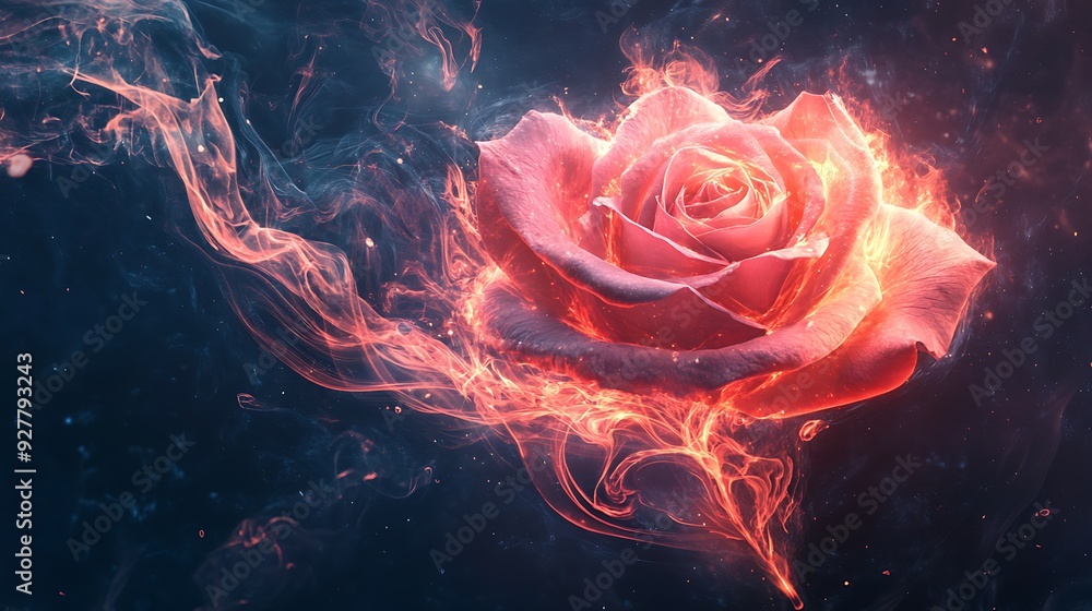 A single rose engulfed in flames with smoke swirling around it, set against a dark background. A single rose engulfed in flames with smoke swirling around it, set against a dark background.