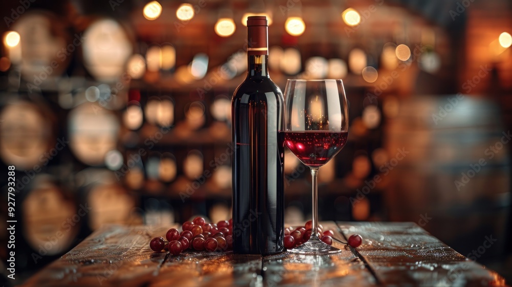 Wine Bottle and Glass on Wooden Table