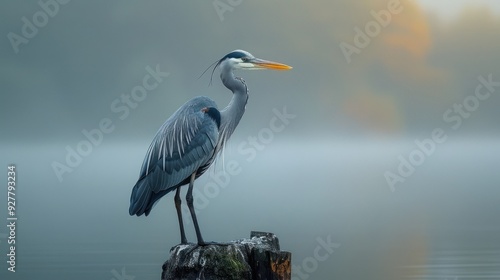 Obraz na płótnie Heron Perched on a Log in the Mist w salonie
