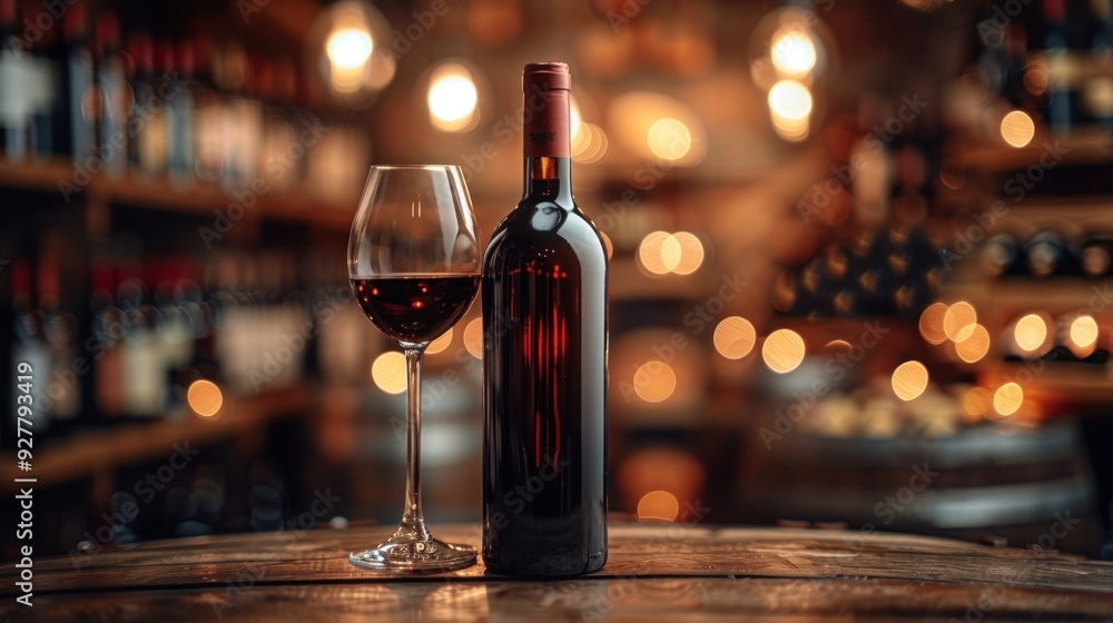 Wine Bottle and Glass on Wooden Table