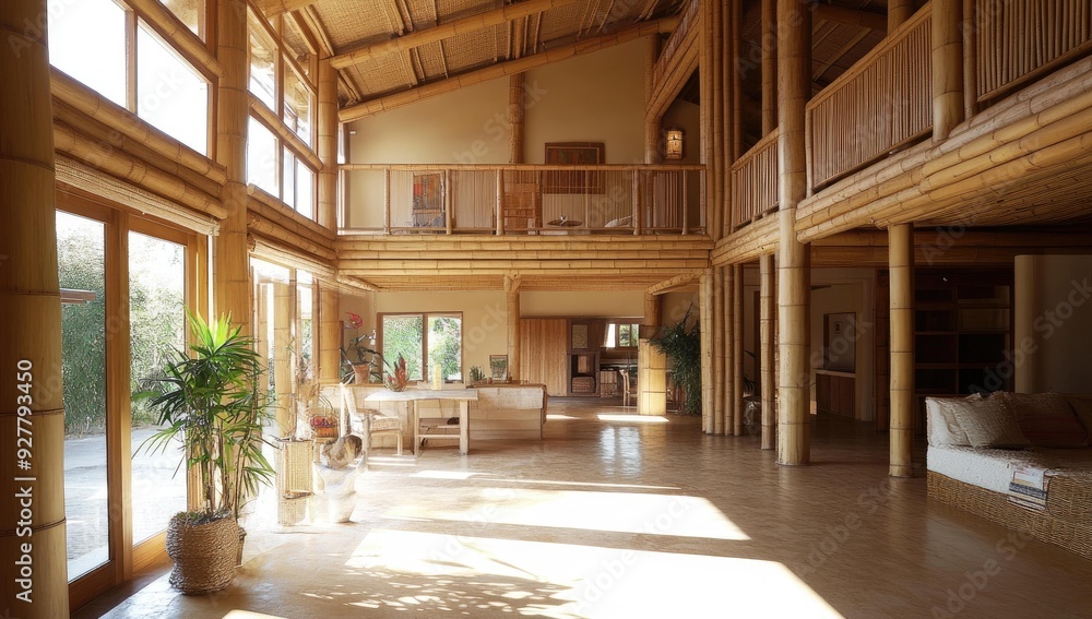 Spacious bamboo home with large windows and a plant. Spacious bamboo home with large windows and a plant.