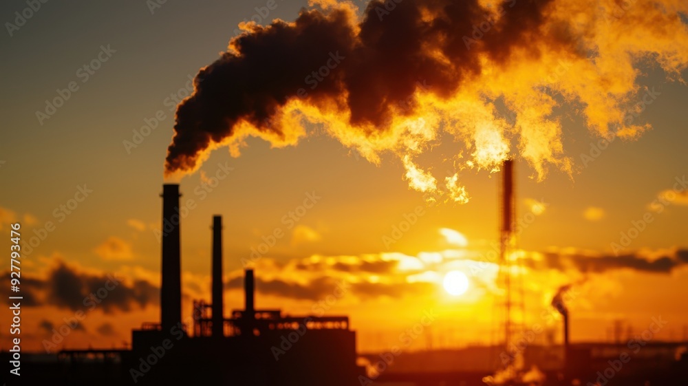 A striking industrial scene at sunset with smoke billowing from factory chimneys, highlighting environmental concerns and urban development. A striking industrial scene at sunset with smoke billowing from factory chimneys, highlighting environmental concerns and urban development.