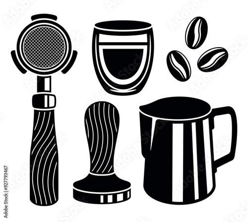 Coffee tools vector black icons isolated on white. Portafilter, milk pitcher, tamper, beans, espresso glass