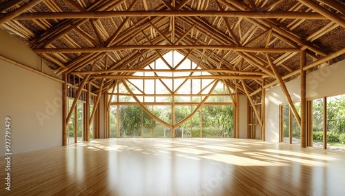 Empty room with bamboo frame and large windows.