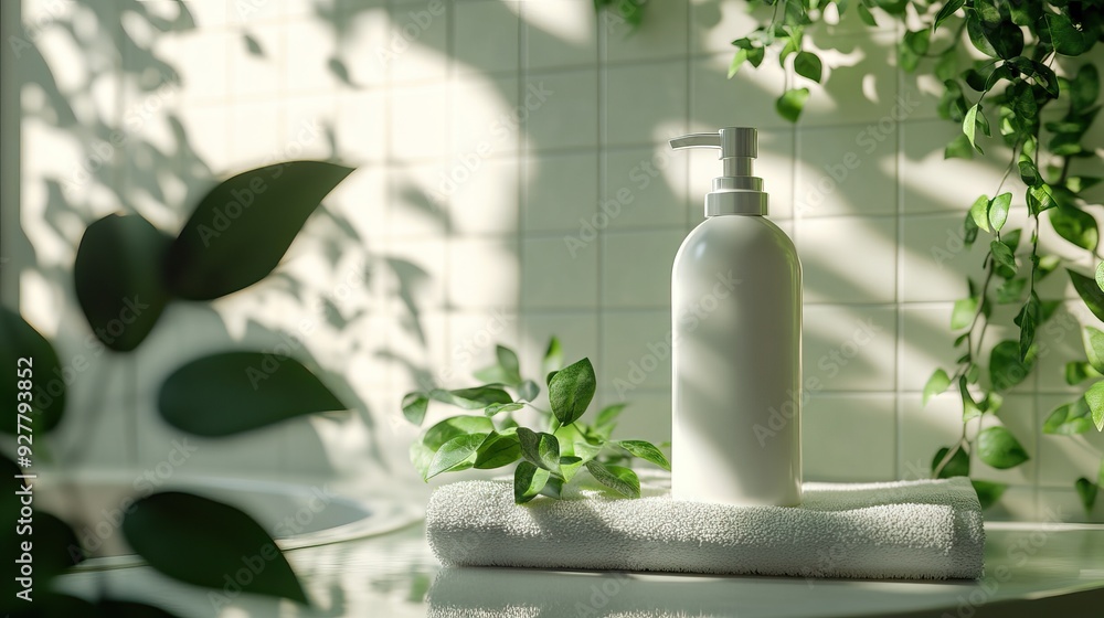 Organic Shampoo Bottle in a Serene Bathroom and Minimalist Setting. Green leaves. AI generated image Organic Shampoo Bottle in a Serene Bathroom and Minimalist Setting. Green leaves. AI generated image