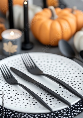 Cozy autumn table setting with candles and pumpkins for festive dining