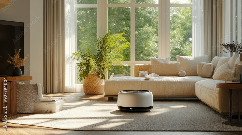 Modern living room with large window, a white sectional sofa, a potted plant and a round air purifier. Modern living room with large window, a white sectional sofa, a potted plant and a round air purifier.