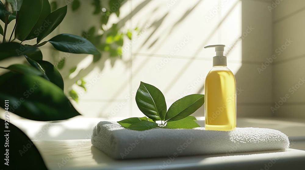 Organic Shampoo Bottle in a Serene Bathroom and Minimalist Setting. Green leaves. AI generated image Organic Shampoo Bottle in a Serene Bathroom and Minimalist Setting. Green leaves. AI generated image