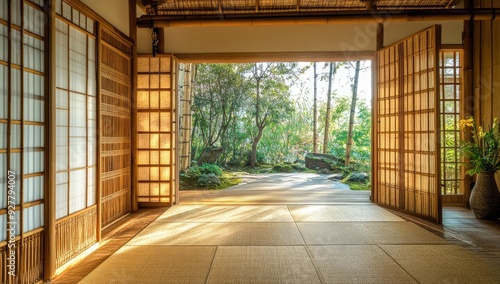 Open bamboo doors reveal a garden view.