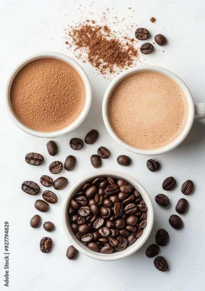 Obraz premium Coffee preparation with grounded beans, cocoa powder, and brewed drink on a white surface