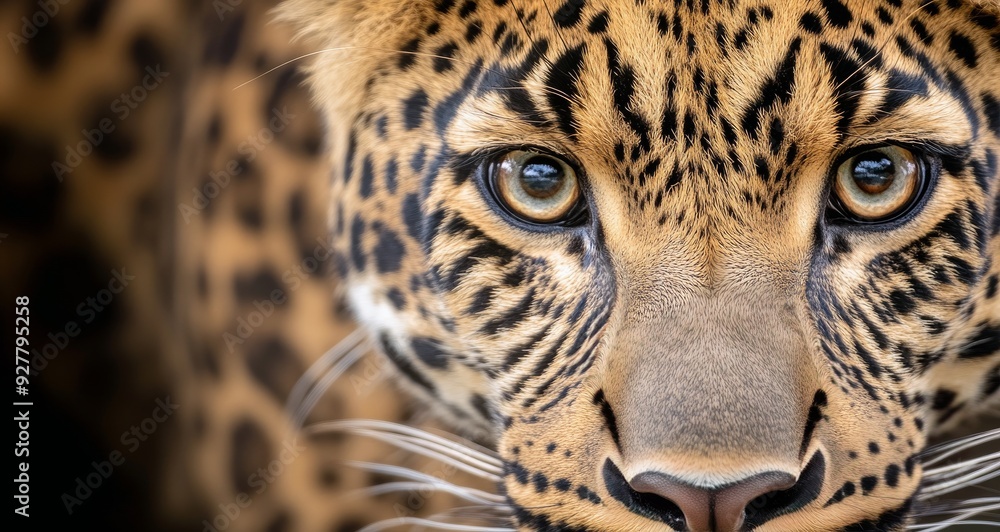 Obraz premium Close-up of a leopard with striking blue eyes in a natural habitat during golden hour