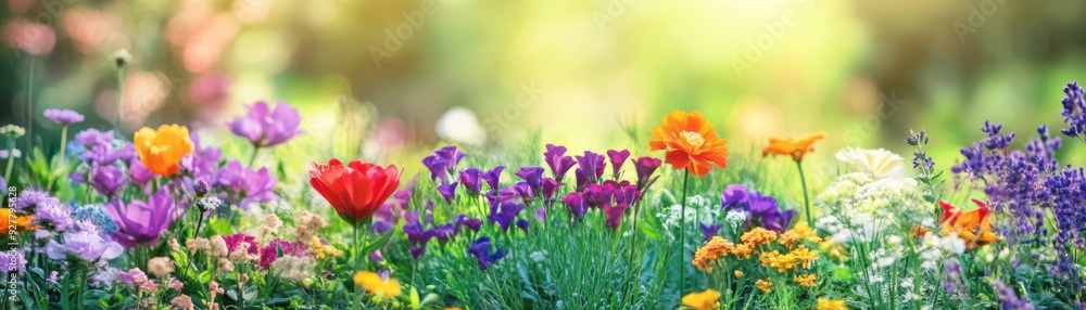 Fototapeta premium Vibrant meadow filled with colorful wildflowers blooming under soft sunlight, creating a serene and picturesque landscape.