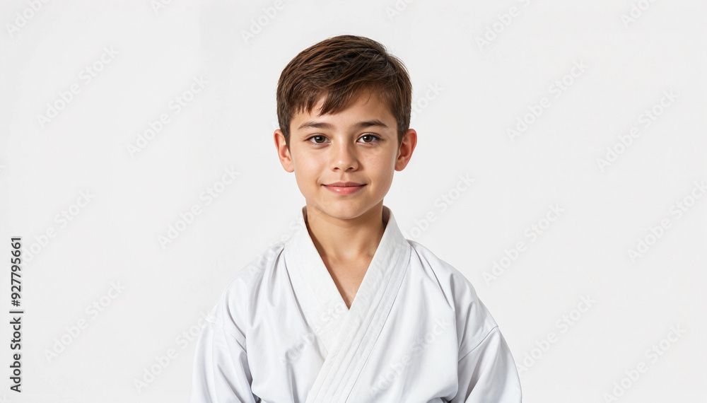 Portrait of a karate child in kimono, isolated white background

