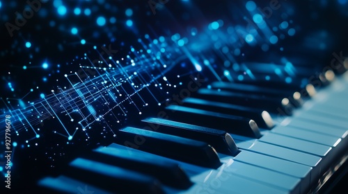 Wallpaper Mural Close-up of piano keys with blue digital lights abstract pattern. Torontodigital.ca