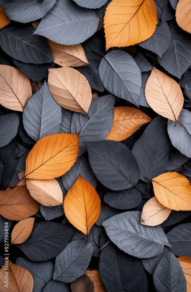 Fallen leaves in shades of orange and gray scattered on the ground during autumn Fallen leaves in shades of orange and gray scattered on the ground during autumn