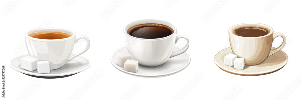 A coffee cup with a saucer and sugar cubes isolated on a transparent background A coffee cup with a saucer and sugar cubes isolated on a transparent background