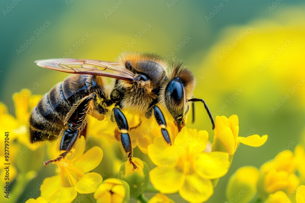 Bee Perched on Vibrant Yellow Canola Flower in Spring Landscape. Bee Perched on Vibrant Yellow Canola Flower in Spring Landscape.