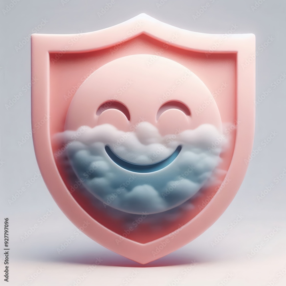 A playful, cute shield featuring a smiling face surrounded by fluffy clouds, representing security and positivity in a lighthearted way. A playful, cute shield featuring a smiling face surrounded by fluffy clouds, representing security and positivity in a lighthearted way.