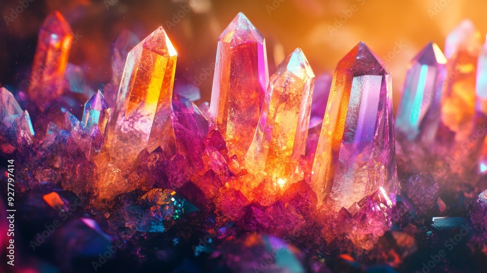 Glowing colorful magic gemstone shining sparkles crystals composition background
Glowing colorful magic gemstone shining sparkles crystals composition background