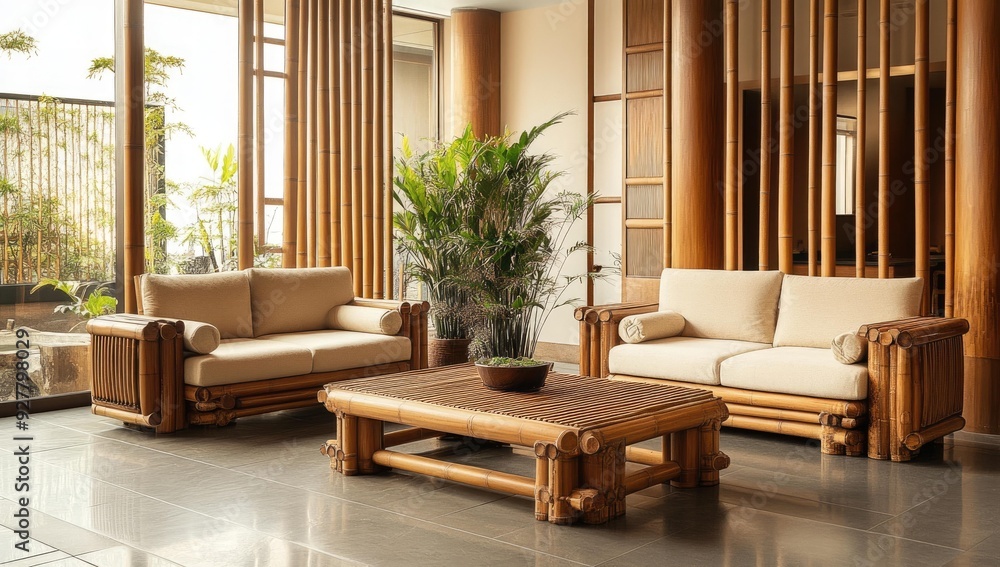Bamboo furniture and a plant in a modern room. Bamboo furniture and a plant in a modern room.