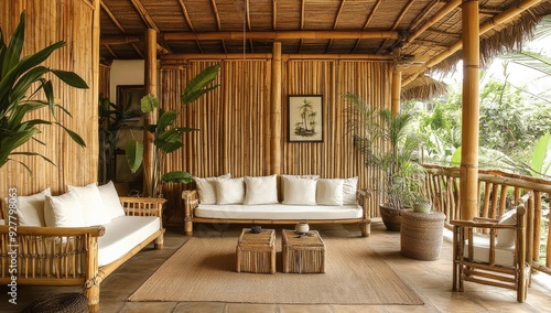 Bamboo furniture on a patio with a rug.