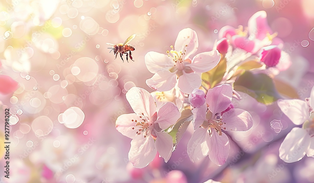 Fototapeta premium Close-up of Bee Near Apple Blossom with Pink and White Petals