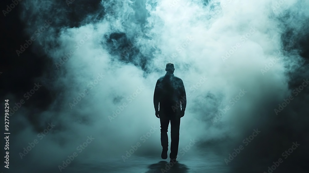 A solitary figure walks through a misty landscape, enveloped in swirling fog. A solitary figure walks through a misty landscape, enveloped in swirling fog.
