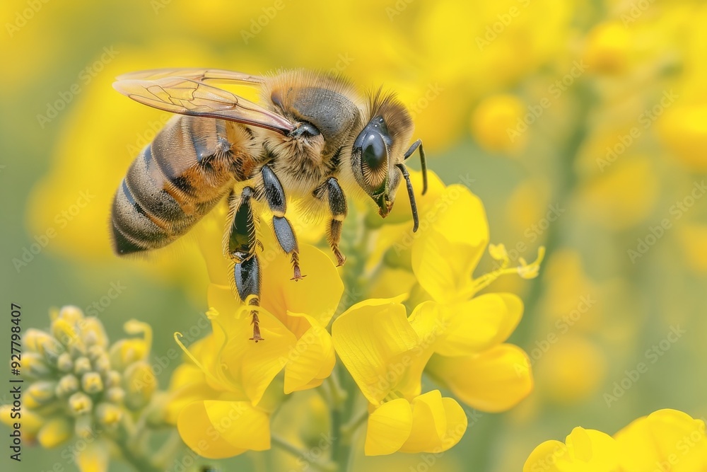 Close-Up of a Honey Bee Gathering Nectar on Rapeseed Flower. Close-Up of a Honey Bee Gathering Nectar on Rapeseed Flower.