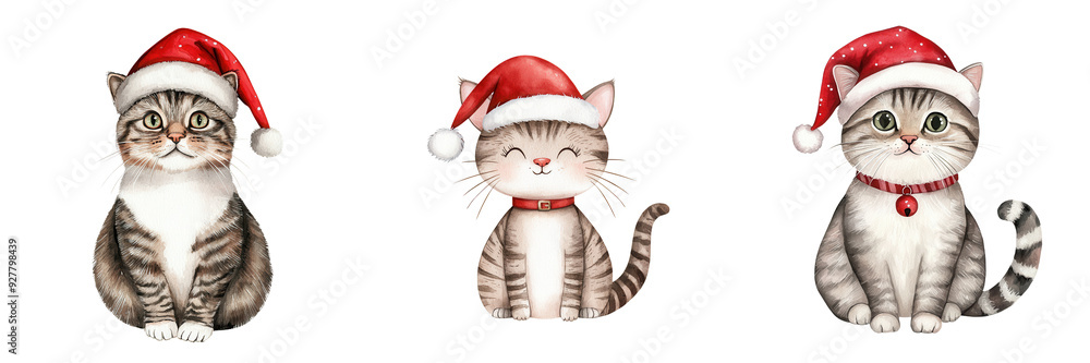 Three adorable cats wearing festive Santa hats, ready to celebrate the holiday season. Perfect for Christmas-themed designs. Three adorable cats wearing festive Santa hats, ready to celebrate the holiday season. Perfect for Christmas-themed designs.