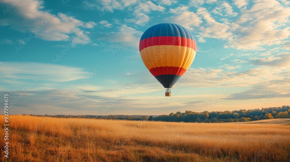 Obraz premium Hot air balloon with passengers flying under green field nature forest composition background