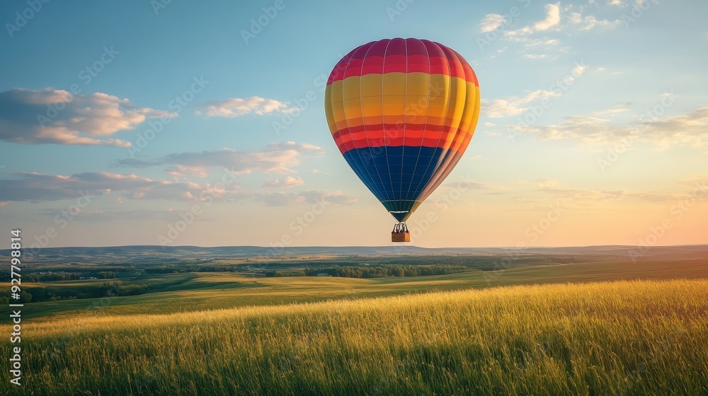 Fototapeta premium Hot air balloon with passengers flying under green field nature forest composition background