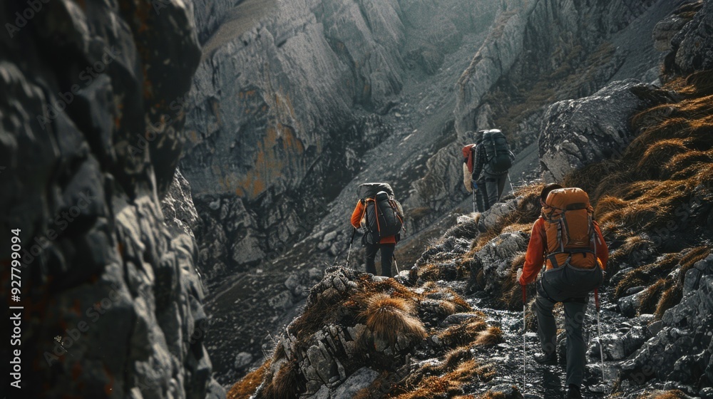 Obraz premium Mountaineers hiking