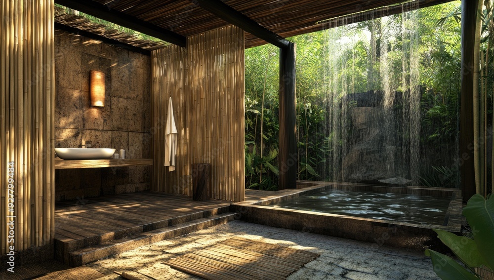 Bamboo bathroom with outdoor waterfall pool. Bamboo bathroom with outdoor waterfall pool.