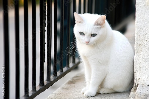 Sad White Cat Sitting by Fence Highlighting Animal Cruelty Awareness