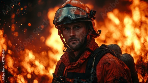 A firefighter fighting a natural disaster. The concept of fighting a forest fire.