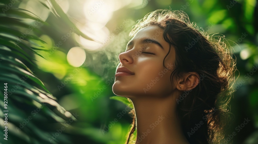 a women young deeply inhaling fresh air amidst a lush, green forest, symbolizing tranquility, mindfulness a women young deeply inhaling fresh air amidst a lush, green forest, symbolizing tranquility, mindfulness