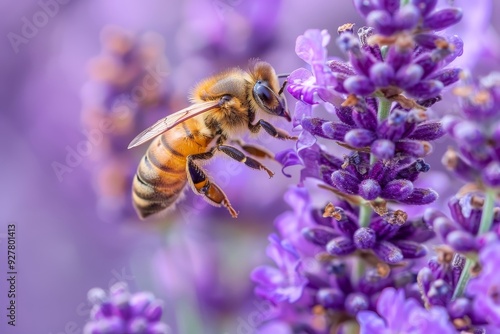 Close Up of Honey Bee Pollinating a Vibrant Purple Flower Petal