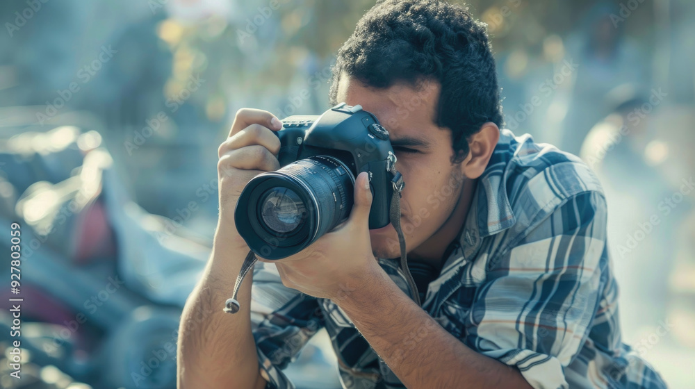 A young man focuses intently on capturing a shot in a bustling urban environment A young man focuses intently on capturing a shot in a bustling urban environment
